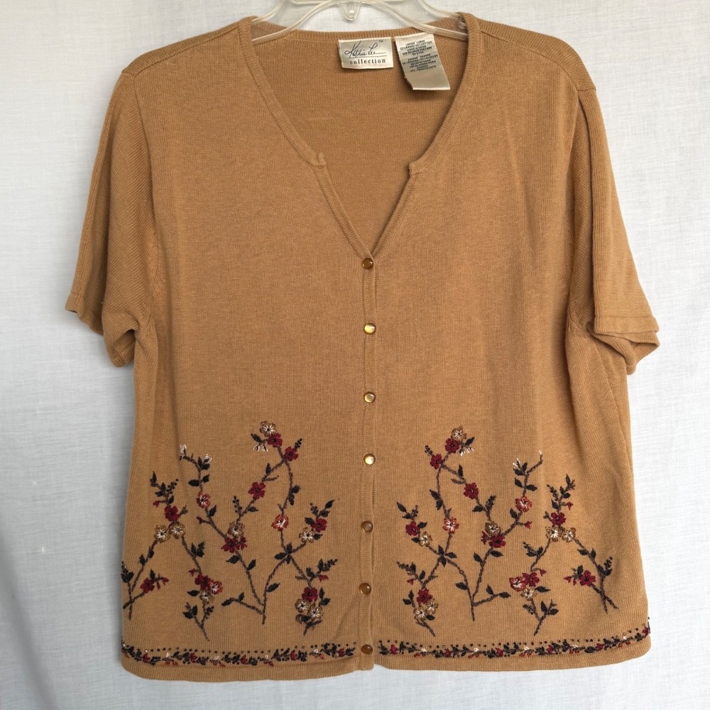 90s Y2K Kathie Lee Grandma Cottagecore Cardigan Tan Floral Short Sleeve Large